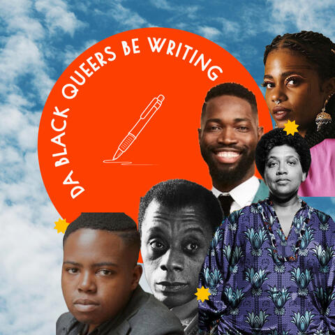 Da Black Queers Be Writing Logo Text Da Black Queers Be Writing in a orange circle with a pen sketch underneath. Surrounded by five Black Queer and Trans writers.